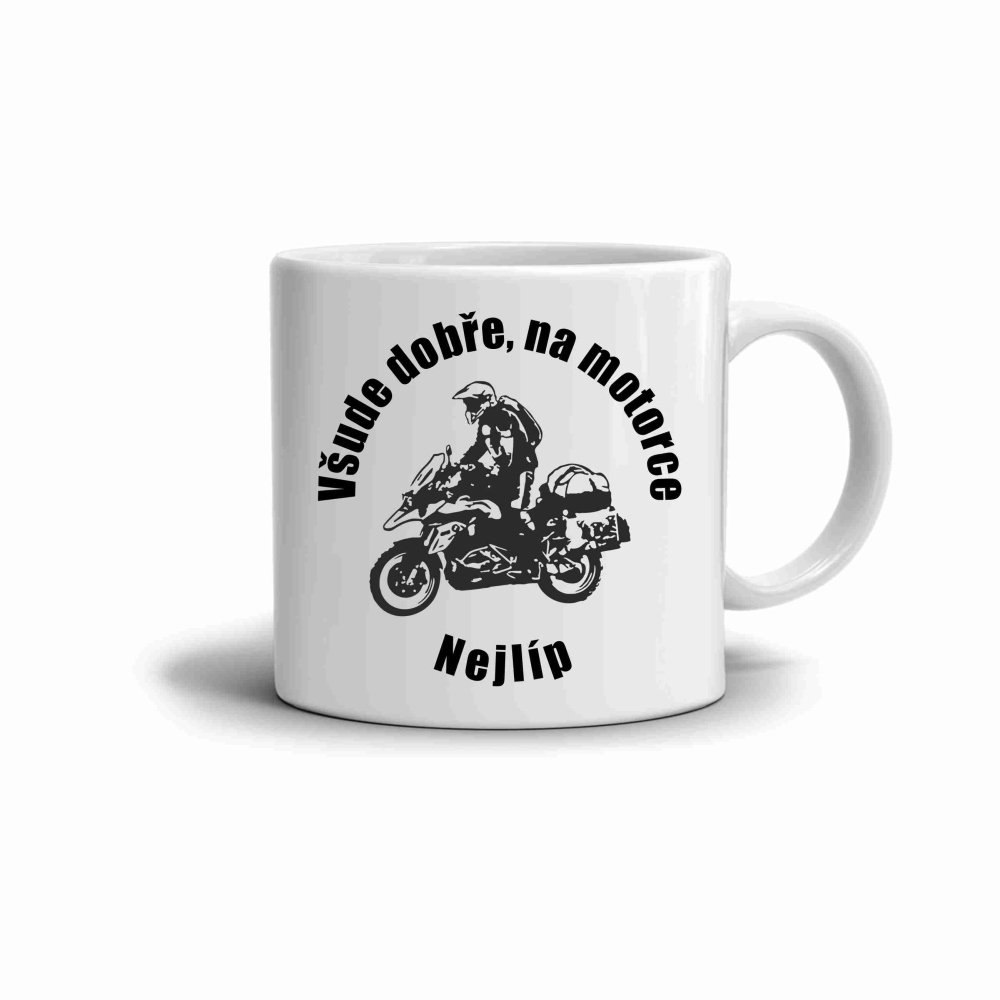 Biely keramický hrnček 330ml s obrázkom - na motorke najlepšie