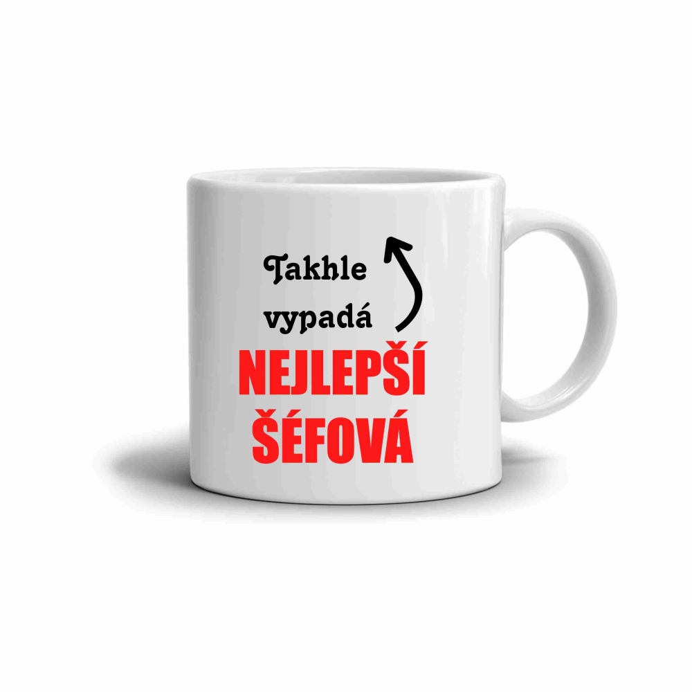 Biely keramický hrnček 330ml s obrázkom - najlepšia šéfová (červená varianta)