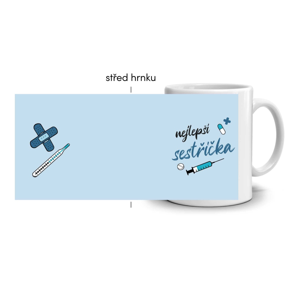 Biely keramický hrnček 330ml s obrázkom - najlepšia sestrička (modrý motív)