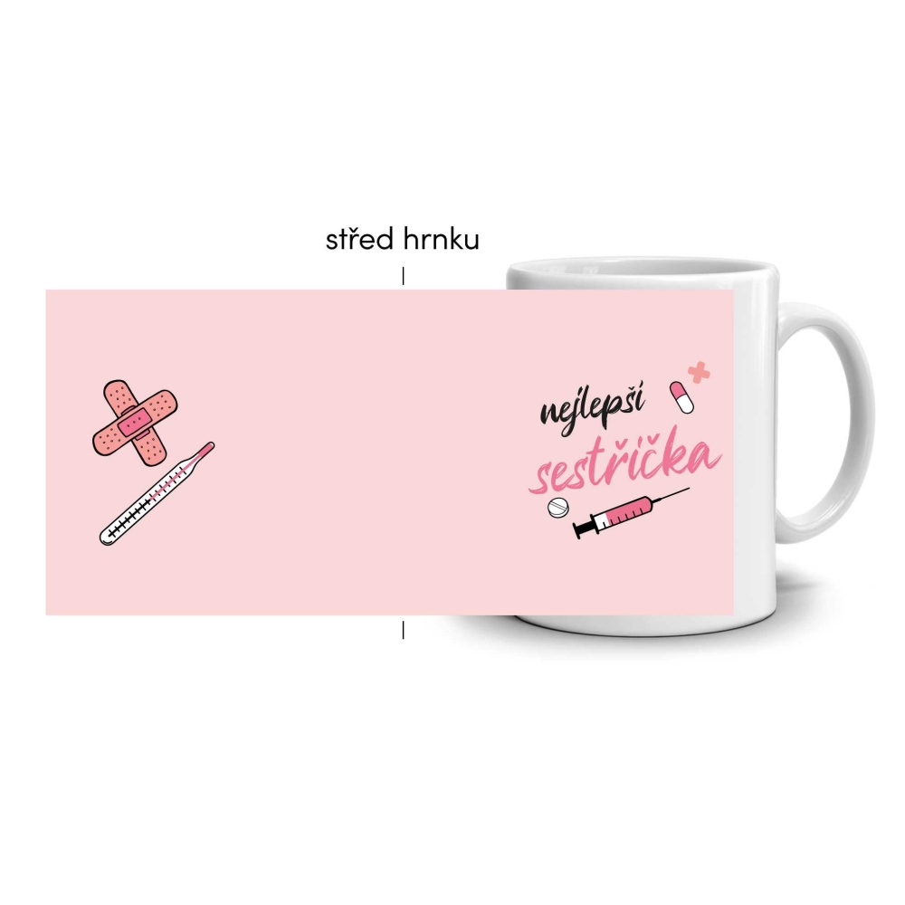 Biely keramický hrnček 330ml s obrázkom - najlepšia sestrička (ružový motív)