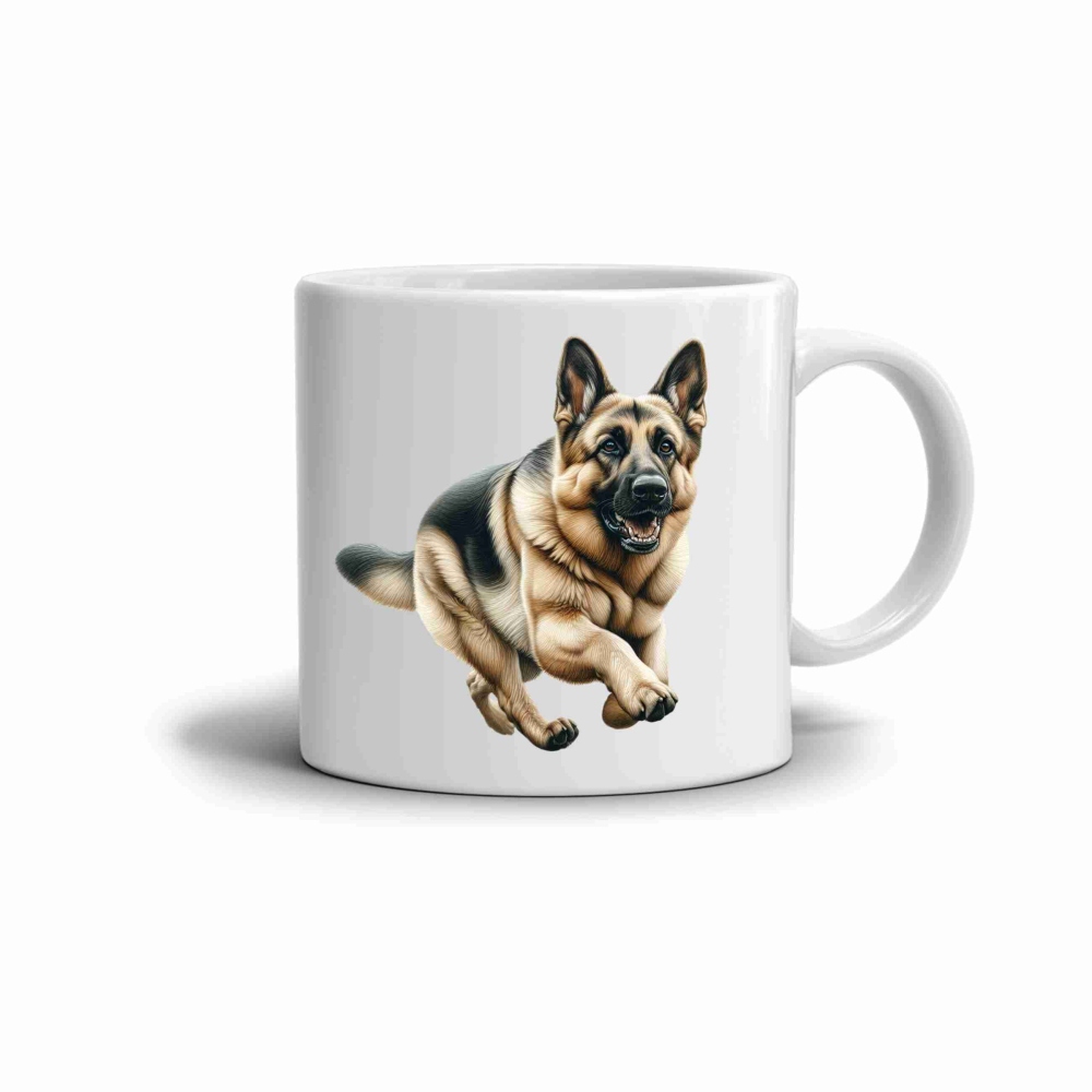 Biely keramický hrnček 330ml s obrázkom - nemecký ovčiak v pohybe