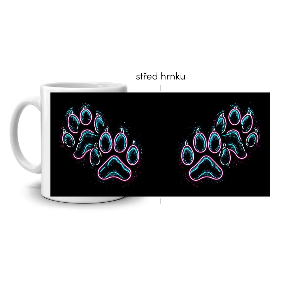 Biely keramický hrnček 330ml s obrázkom - neónové psie labky