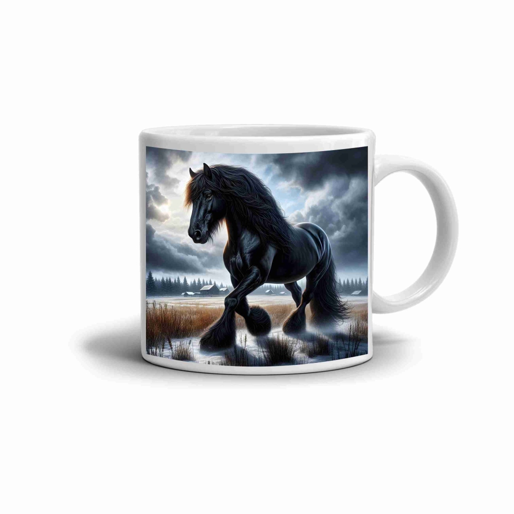 Biely keramický hrnček 330ml s obrázkom - nespútaný kôň