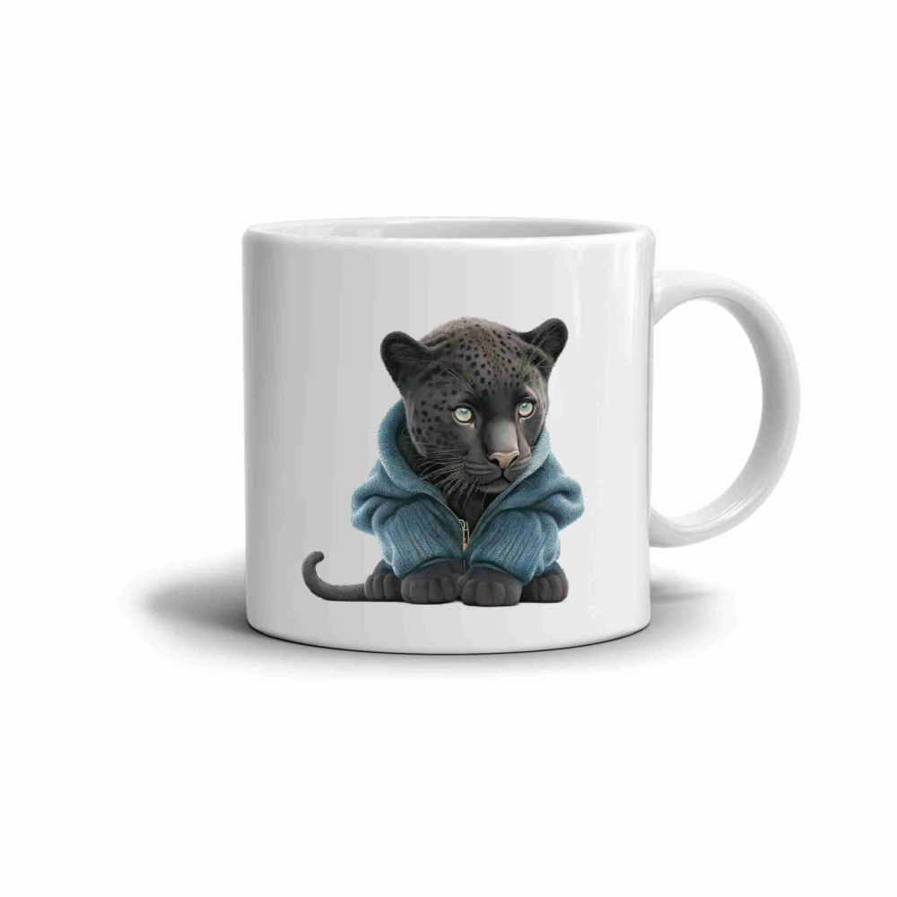 Biely keramický hrnček 330ml s obrázkom - panter v mikine