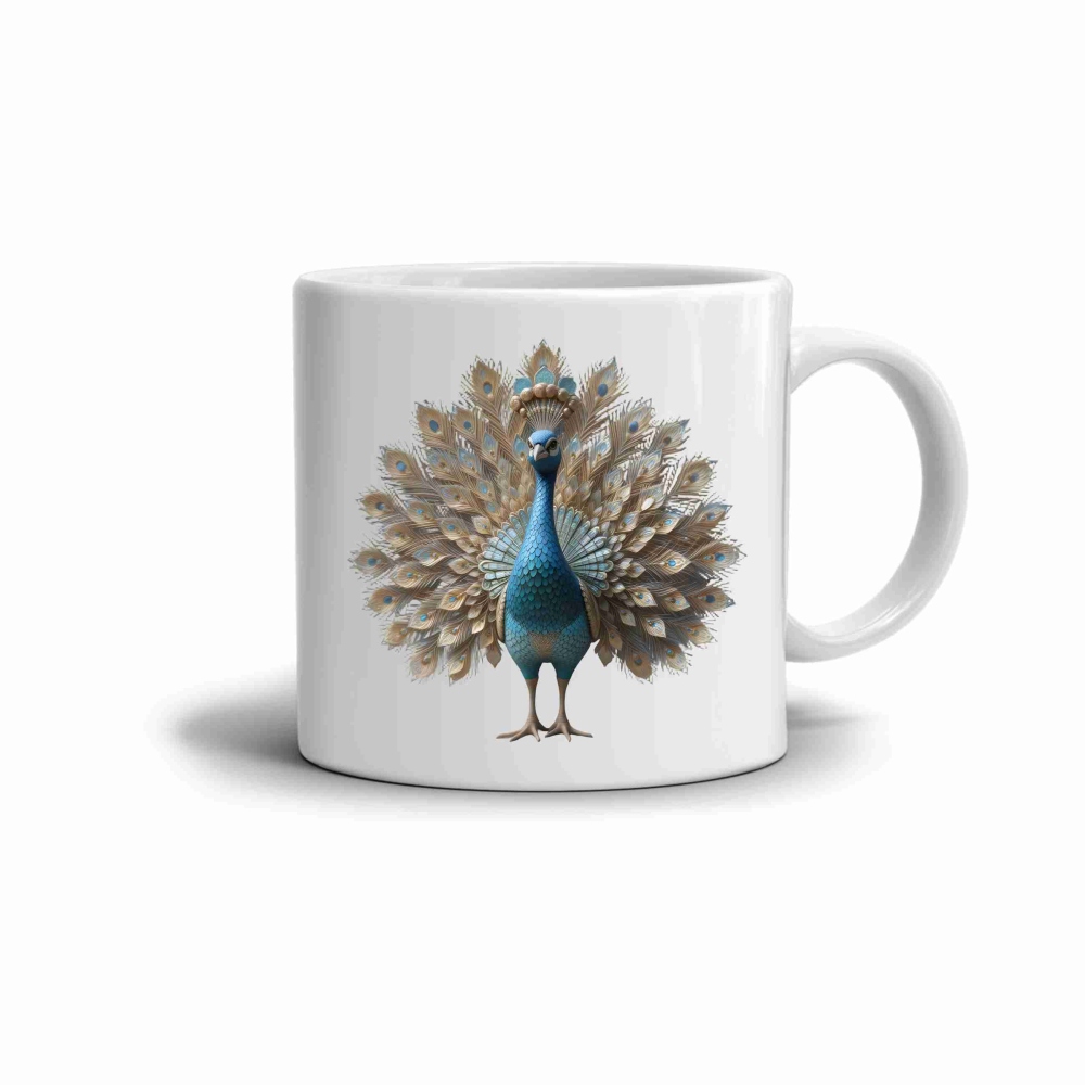 Biely keramický hrnček 330ml s obrázkom - páv v plnej kráse