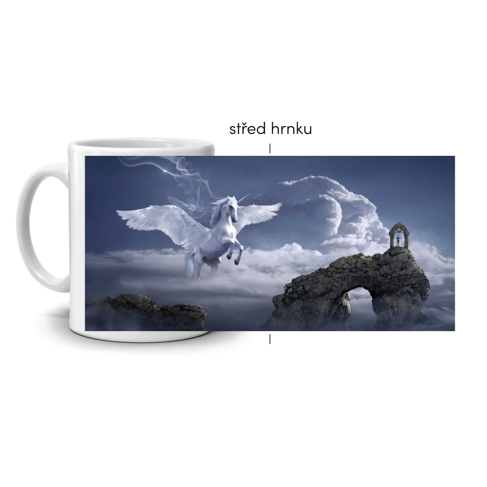 Biely keramický hrnček 330ml s obrázkom - pegas v nebesiach