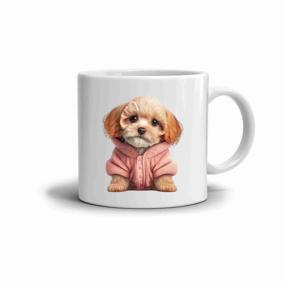 Biely keramický hrnček 330ml s obrázkom - psík vo svetri