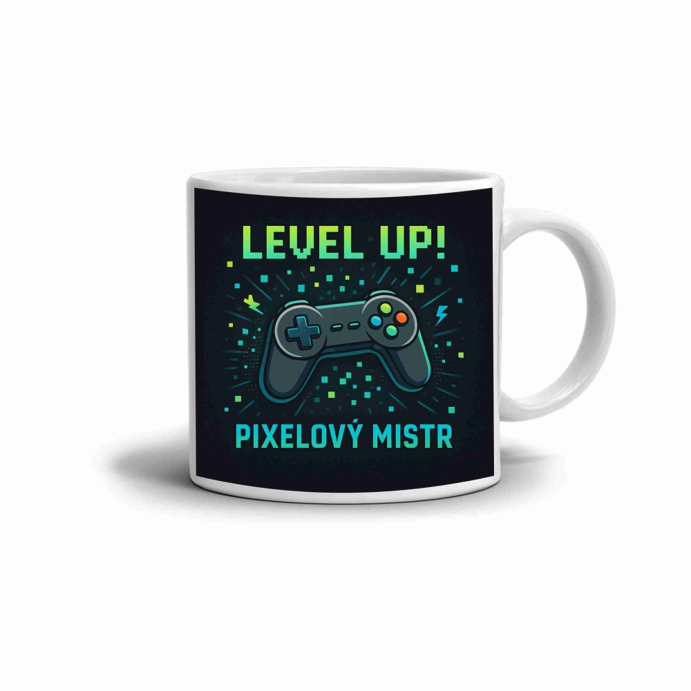 Biely keramický hrnček 330ml s obrázkom - pixelový majster