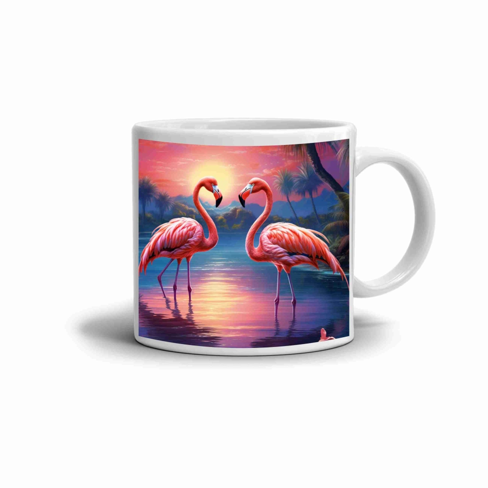 Biely keramický hrnček 330ml s obrázkom - plameniaky pri západe slnka