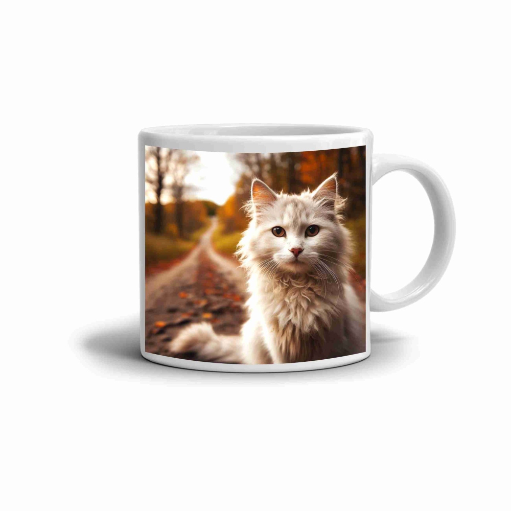 Biely keramický hrnček 330ml s obrázkom - jesenná mačacia krása