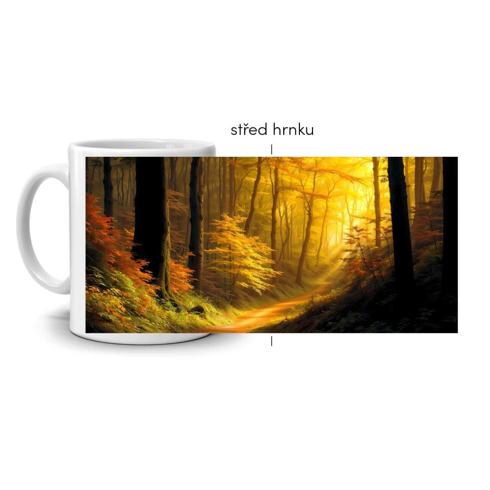 Biely keramický hrnček 330ml s obrázkom - jesenný les