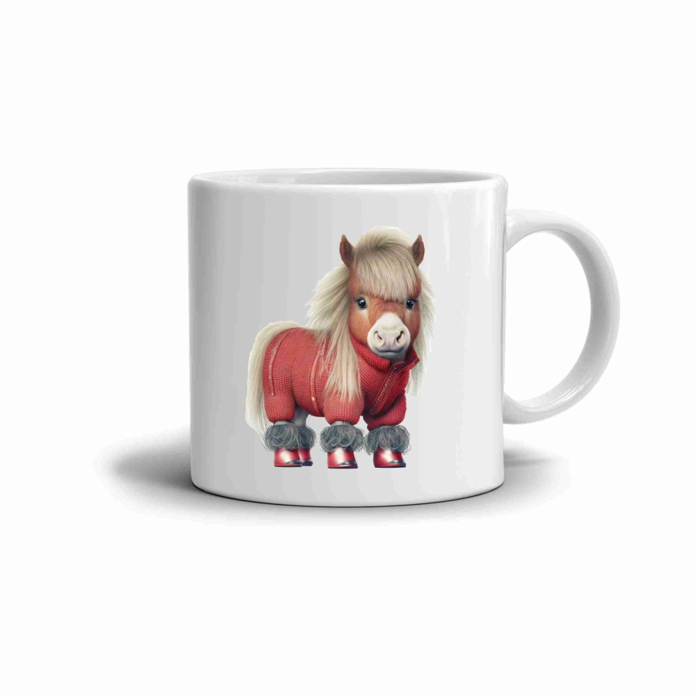 Biely keramický hrnček 330ml s obrázkom - poník vo svetri