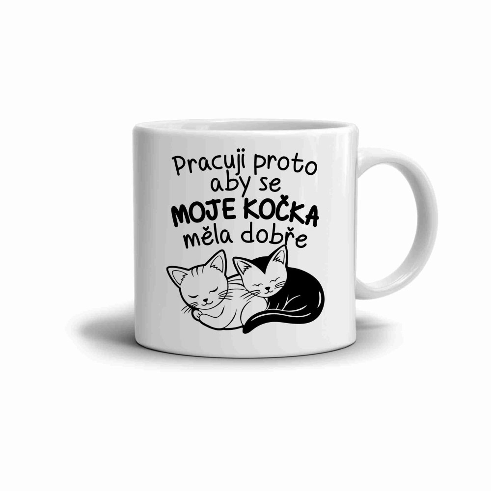Biely keramický hrnček 330ml s obrázkom - pracujem pre moju mačku