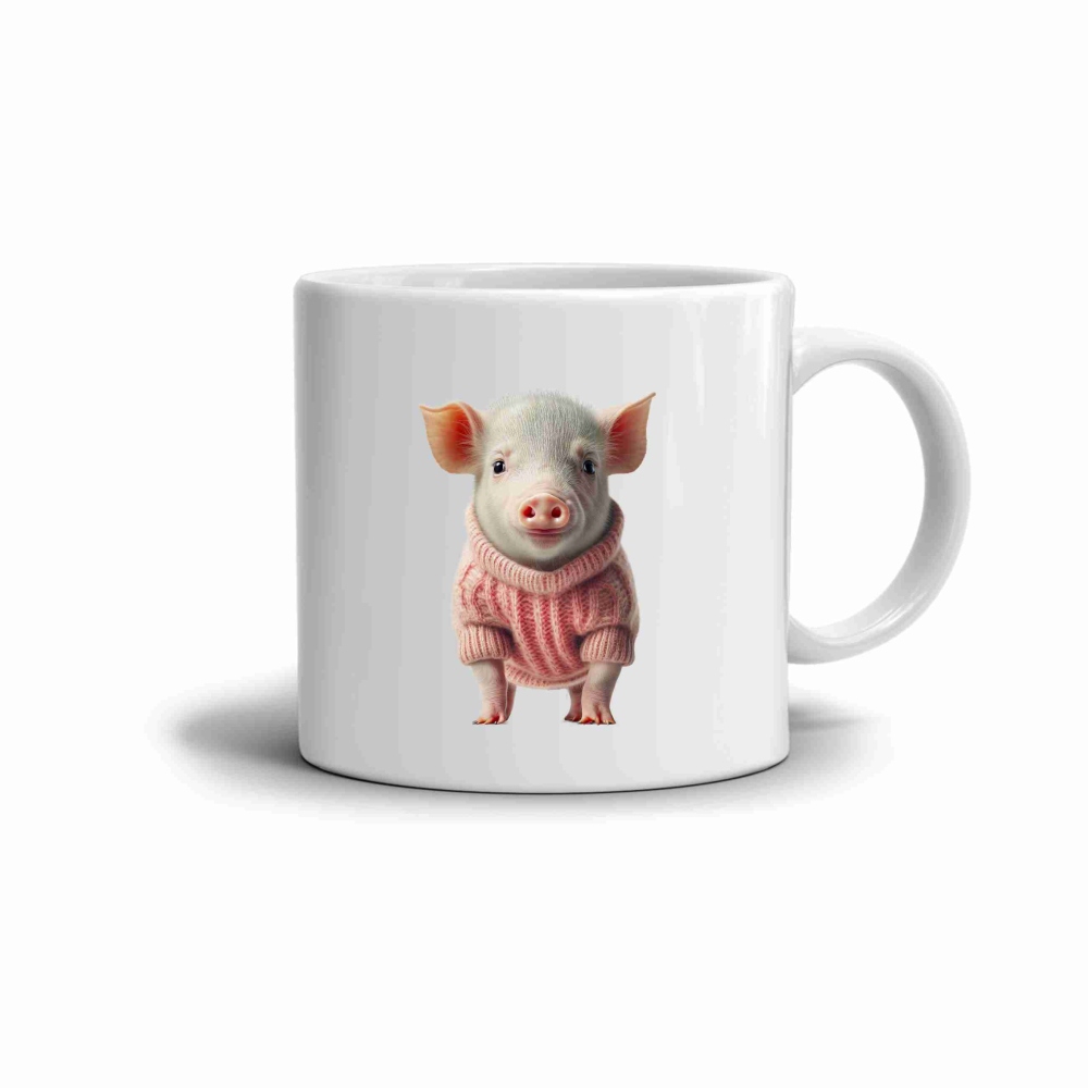 Biely keramický hrnček 330ml s obrázkom - prasiatko vo svetri