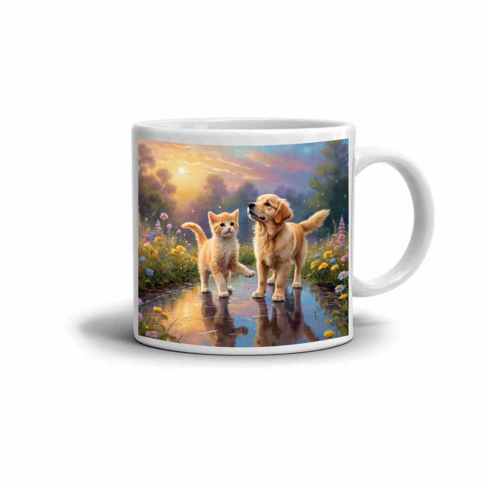 Biely keramický hrnček 330ml s obrázkom - priateľstvo na lúke