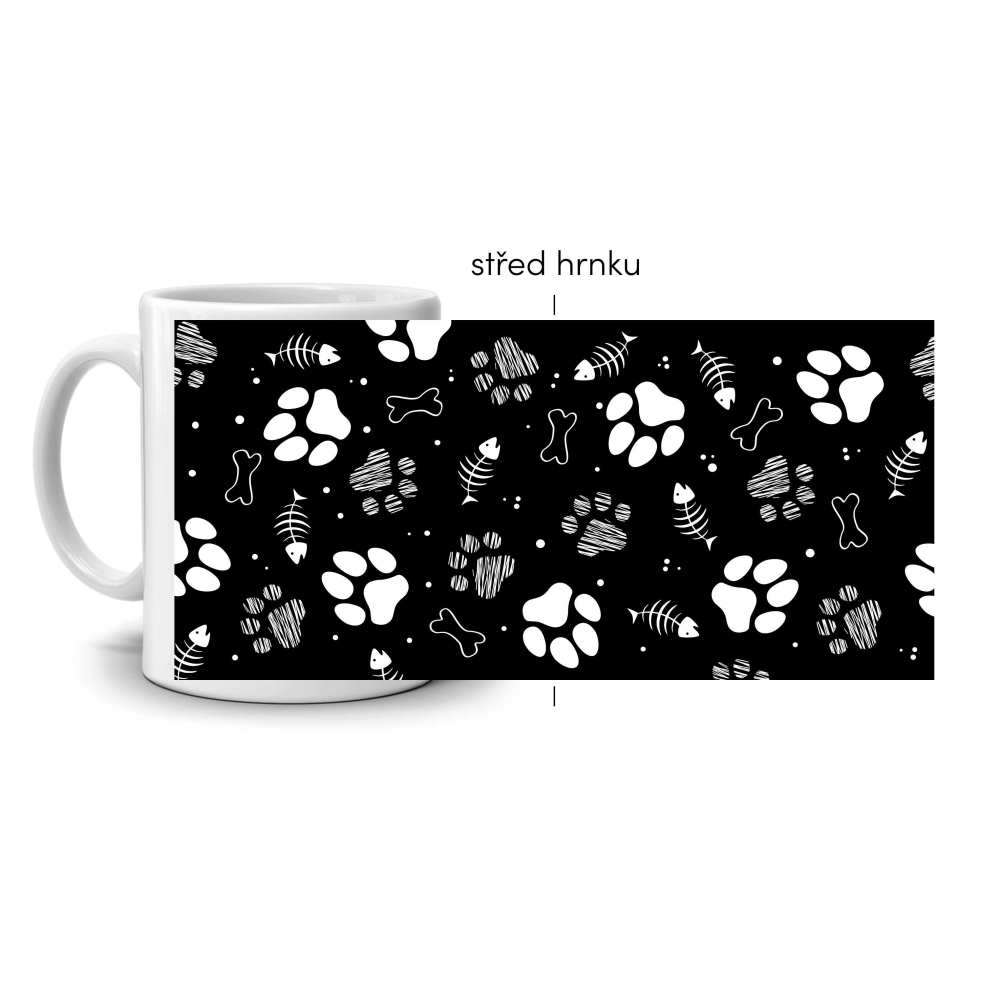 Biely keramický hrnček 330ml s obrázkom - psie labky (tmavý motív)
