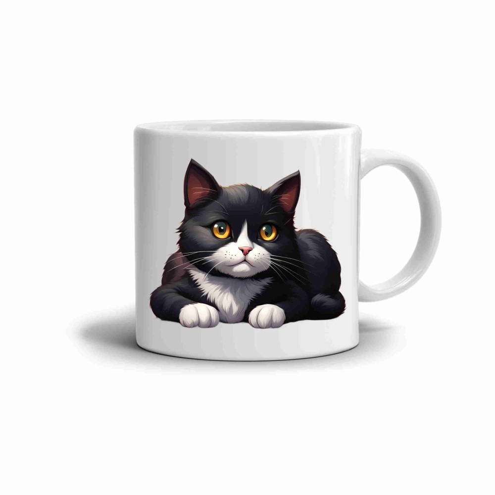 Biely keramický hrnček 330ml s obrázkom - roztomilá čiernobiela mačka