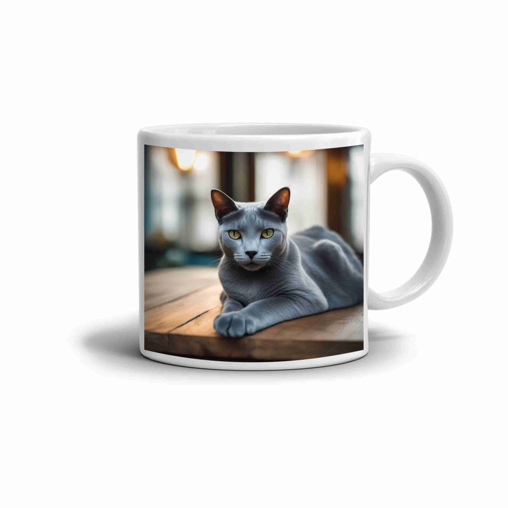 Biely keramický hrnček 330ml s obrázkom - ruská modrá mačka