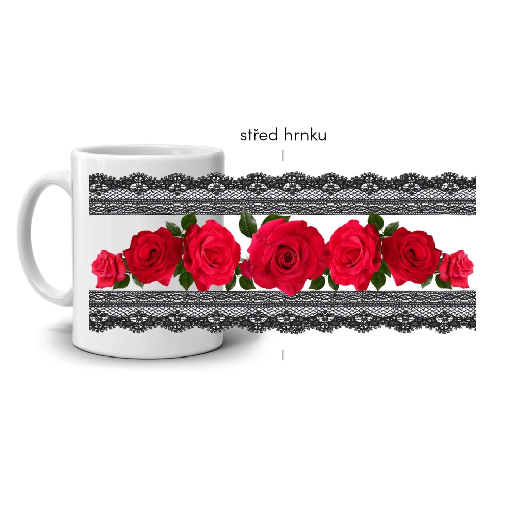 Biely keramický hrnček 330ml s obrázkom - ruža v čipke