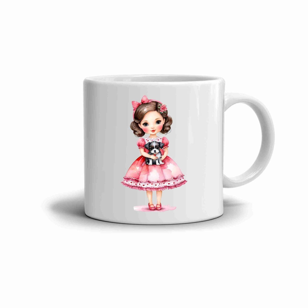 Biely keramický hrnček 330ml s obrázkom - ružové dievča so psíkom
