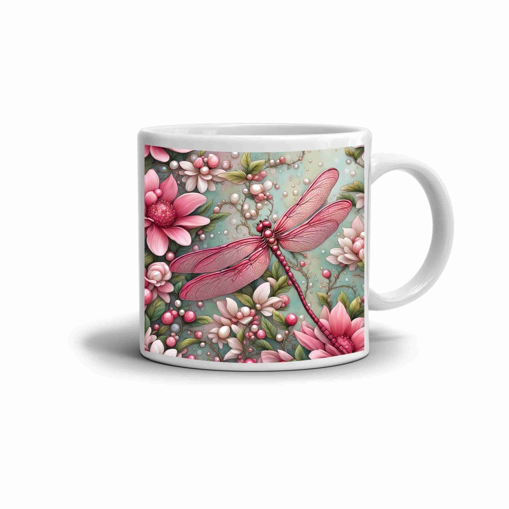 Biely keramický hrnček 330ml s obrázkom - ružová vážka