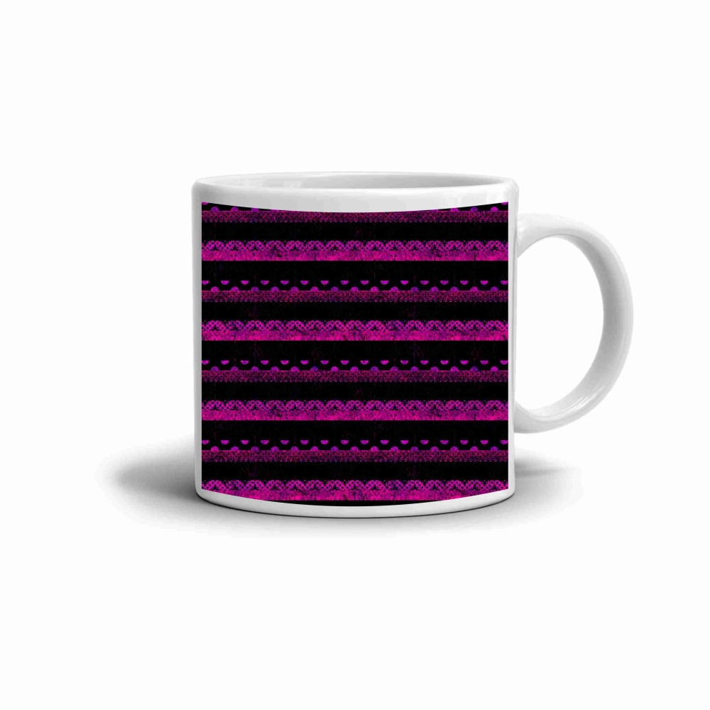 Biely keramický hrnček 330ml s obrázkom - ružovočierne pruhy