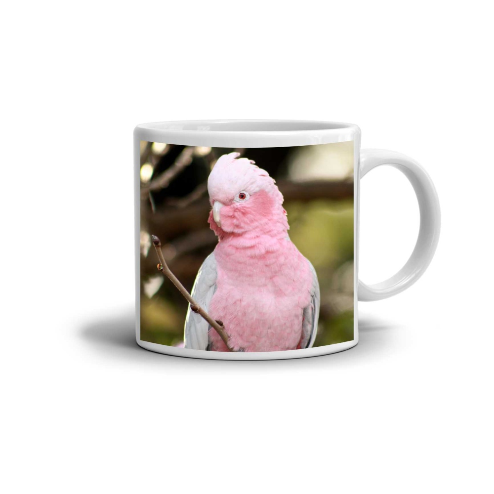 Biely keramický hrnček 330ml s obrázkom - ružový kakadu
