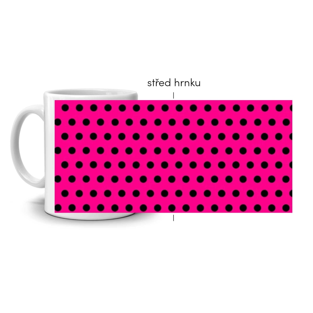 Biely keramický hrnček 330ml s obrázkom - ružový s čiernymi bodkami