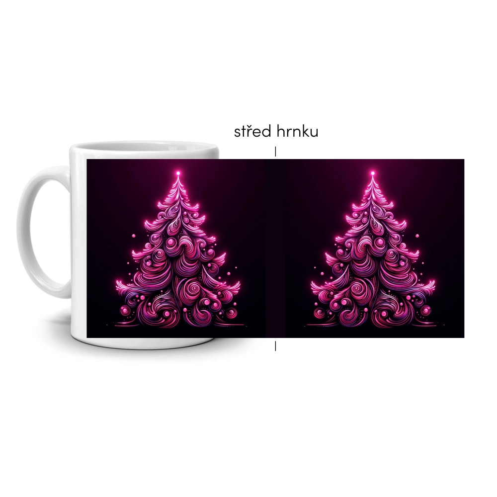 Biely keramický hrnček 330ml s obrázkom - ružový svietiaci stromček