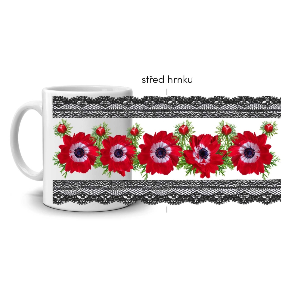 Biely keramický hrnček 330ml s obrázkom - sasanky v čipke