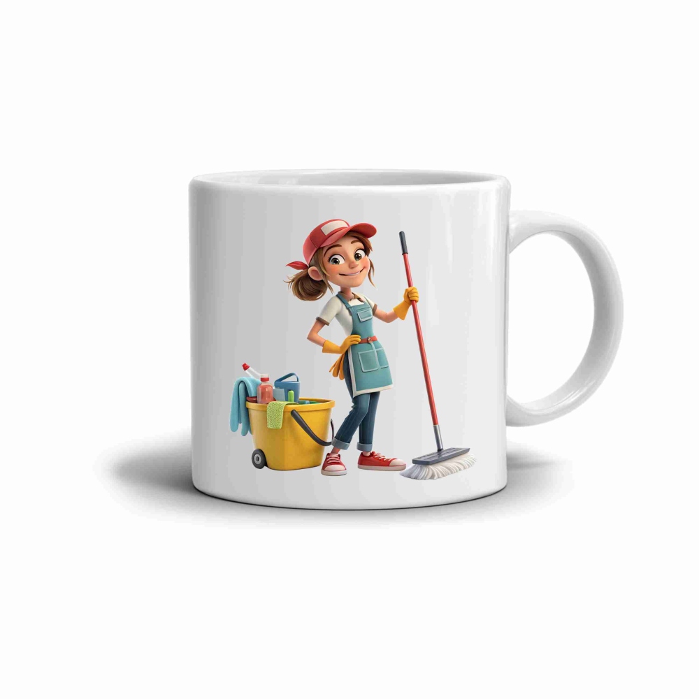 Biely keramický hrnček 330ml s obrázkom - šikovná upratovačka