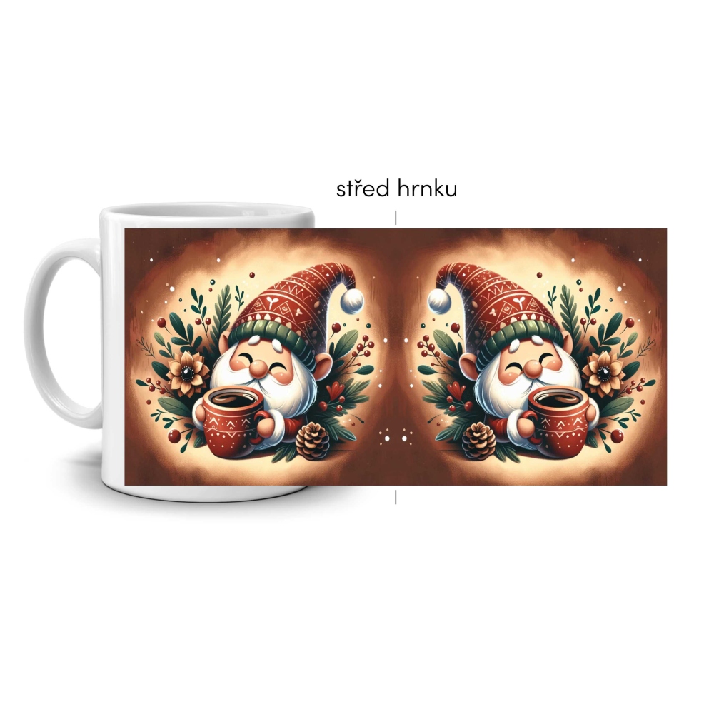 Biely keramický hrnček 330ml s obrázkom - škriatok s horúcim nápojom