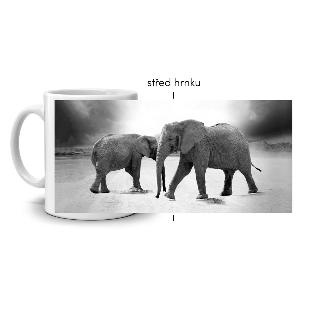 Biely keramický hrnček 330ml s obrázkom - slonie stretnutie