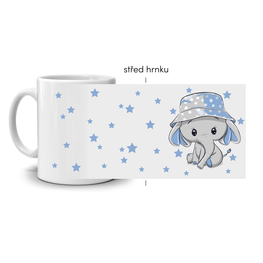 Biely keramický hrnček 330ml s obrázkom - sloník v modrom klobúčiku