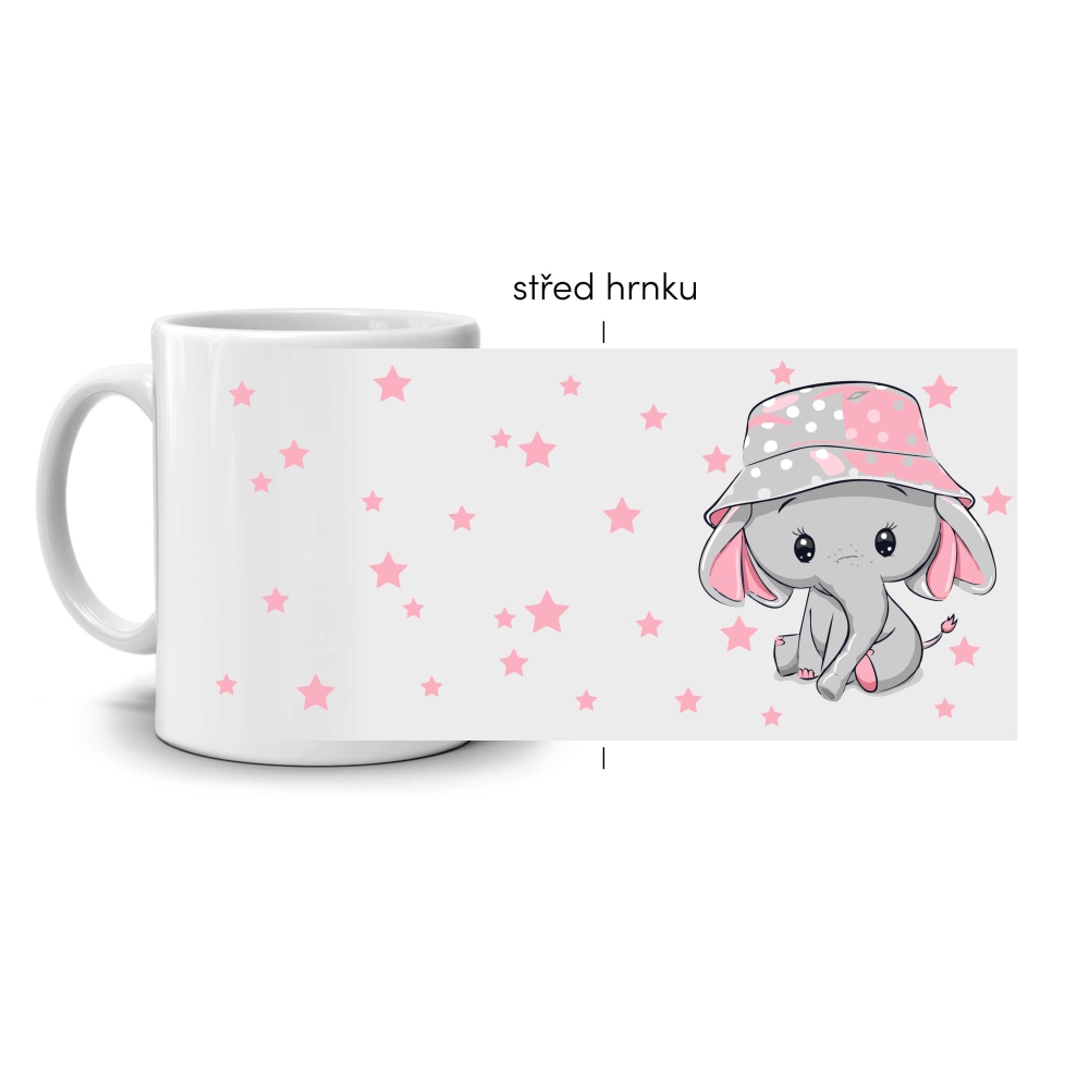 Biely keramický hrnček 330ml s obrázkom - sloník v ružovom klobúčiku