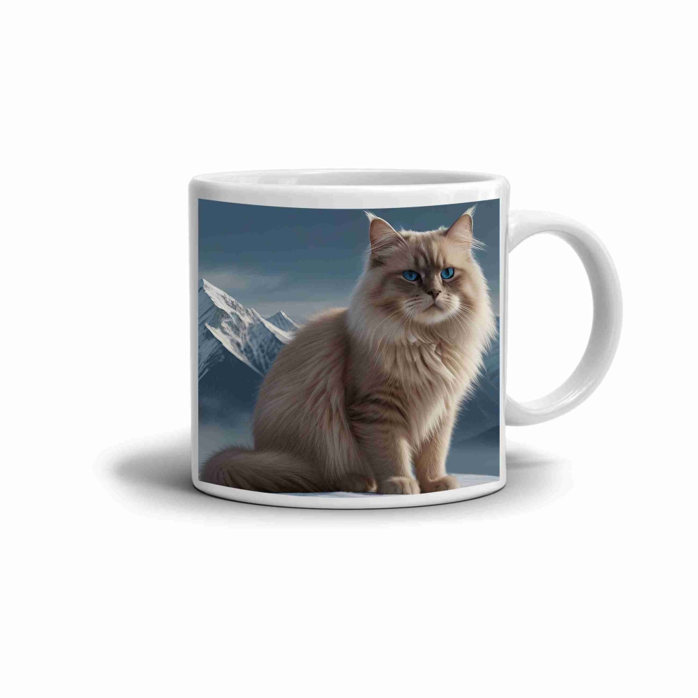 Biely keramický hrnček 330ml s obrázkom - snežná sibírska mačka