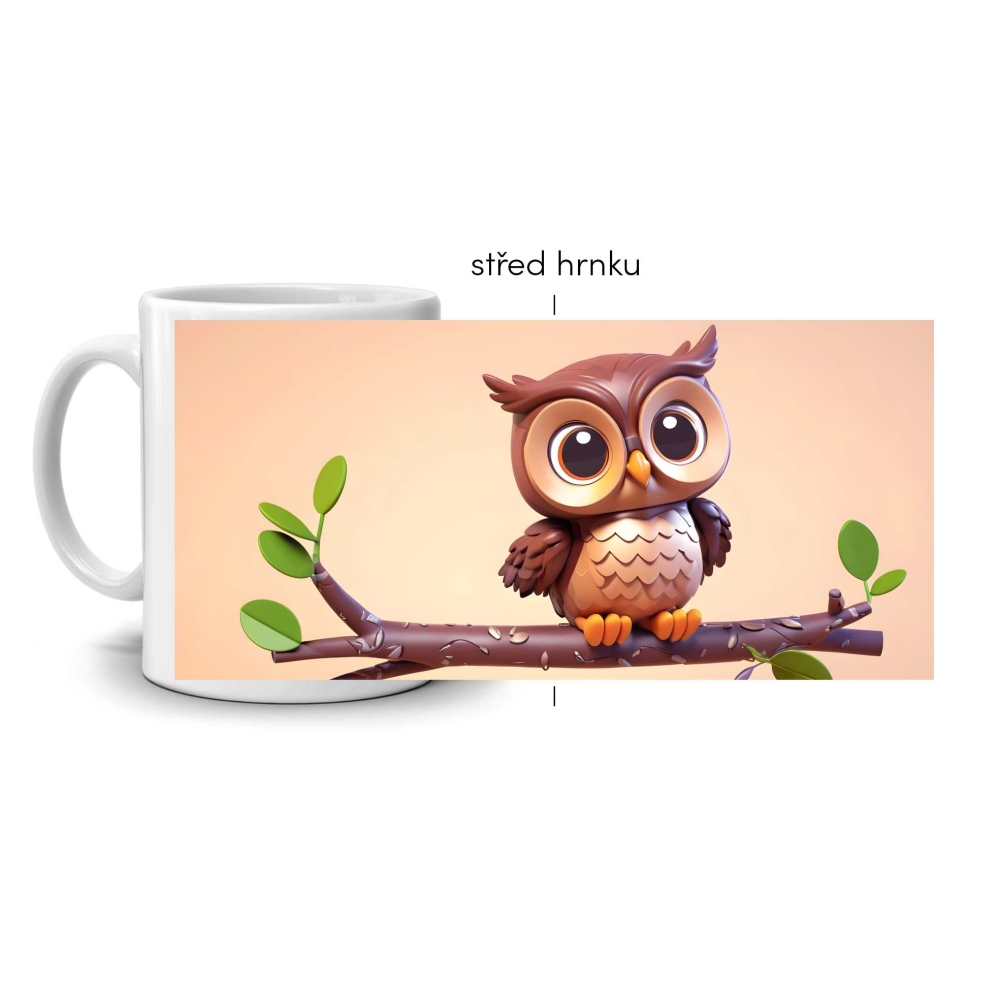 Biely keramický hrnček 330ml s obrázkom - sovička na vetve