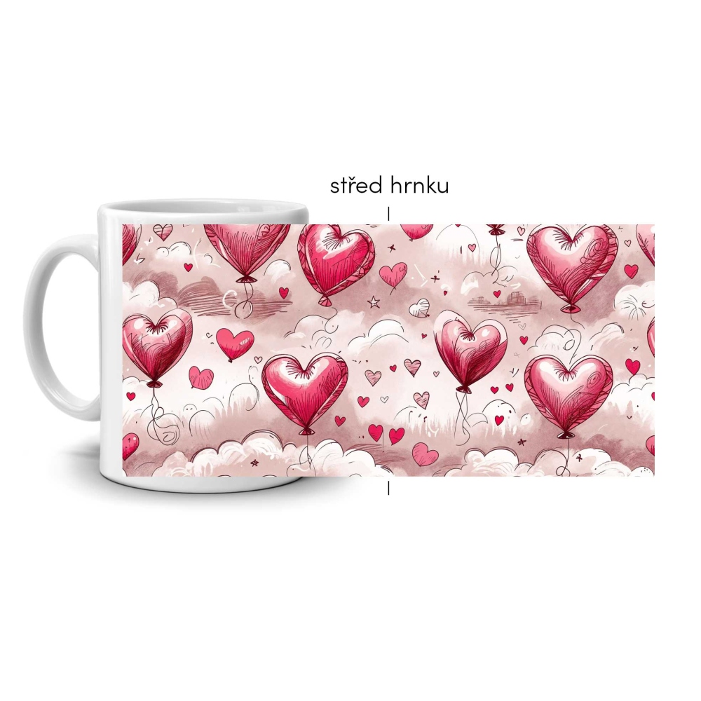 Biely keramický hrnček 330ml s obrázkom - srdce v oblakoch