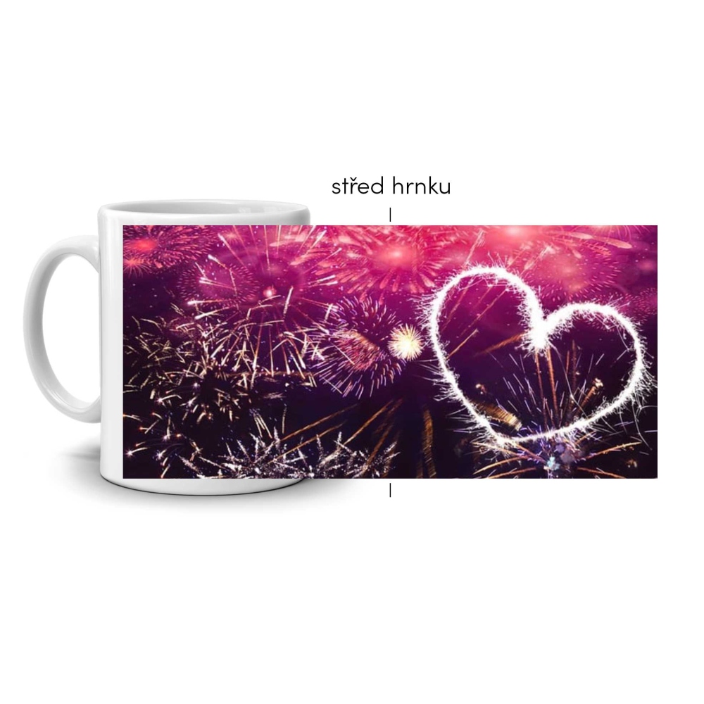 Biely keramický hrnček 330ml s obrázkom - srdce v ohňostroji