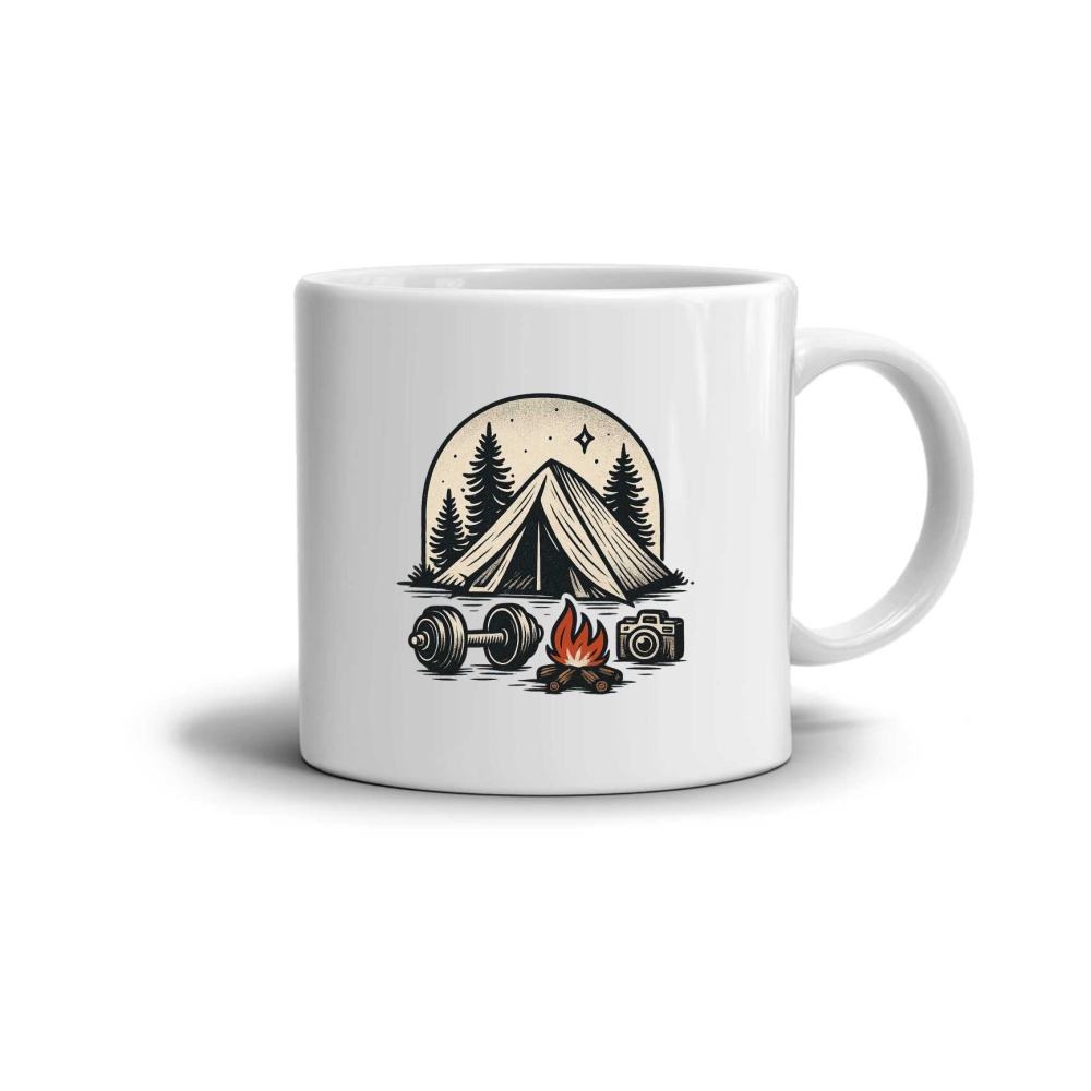 Biely keramický hrnček 330ml s obrázkom - stanovanie