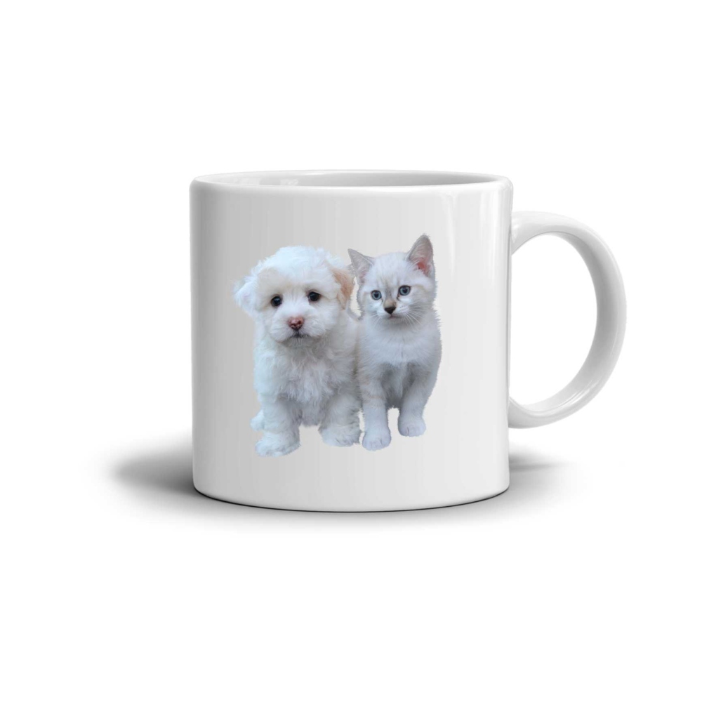 Biely keramický hrnček 330ml s obrázkom - šteňa a mačiatko