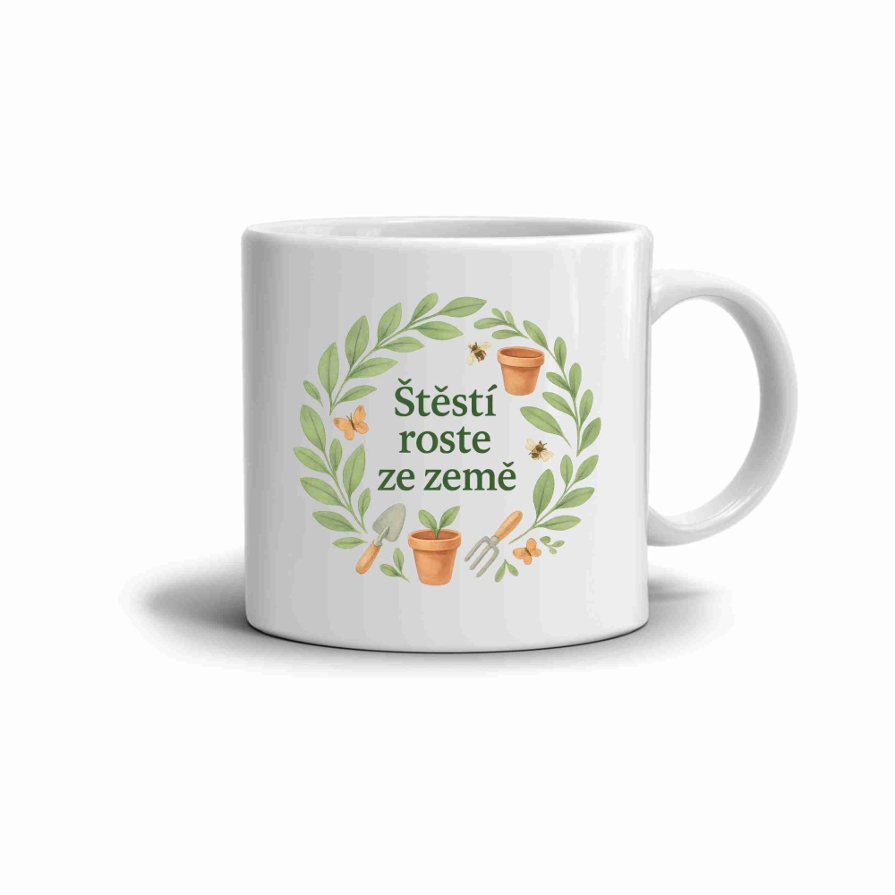 Biely keramický hrnček 330ml s obrázkom - šťastie rastie zo zeme