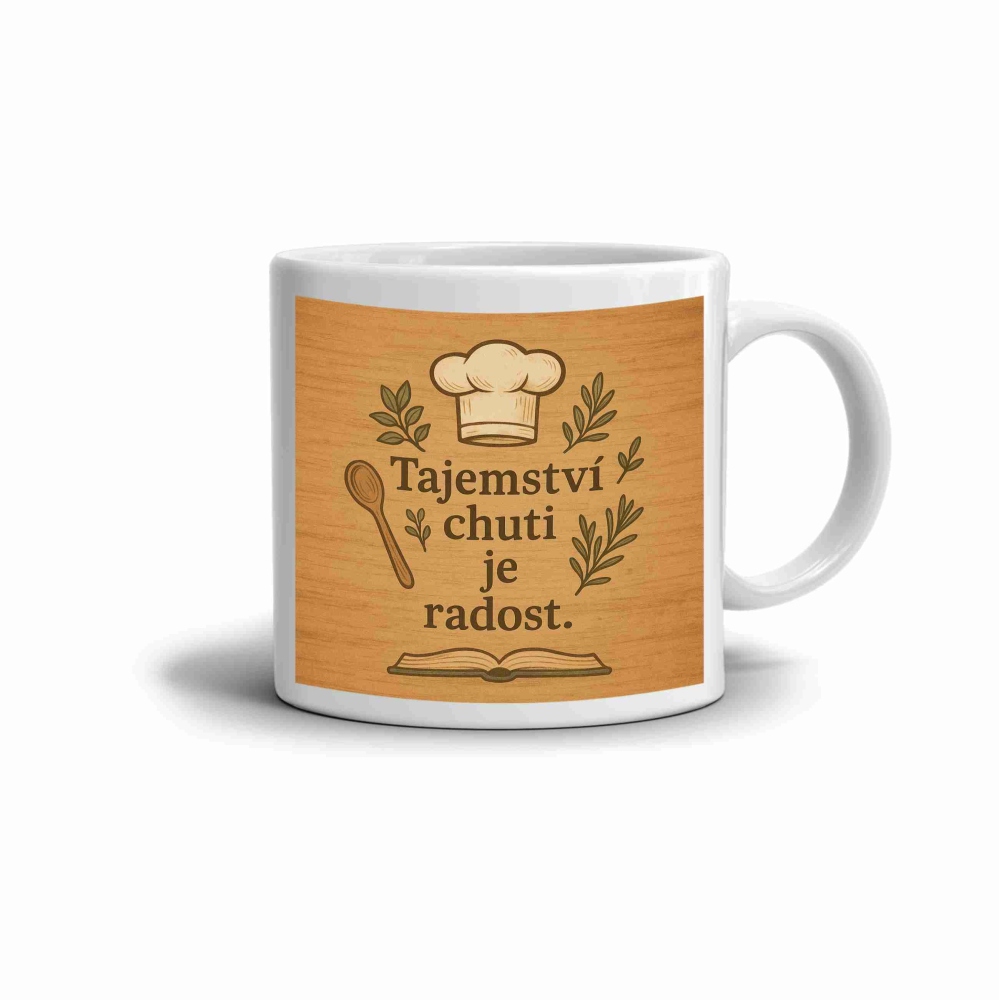 Biely keramický hrnček 330ml s obrázkom - tajomstvo chuti