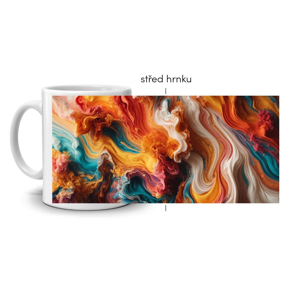 Biely keramický hrnček 330ml s obrázkom - tanec farieb