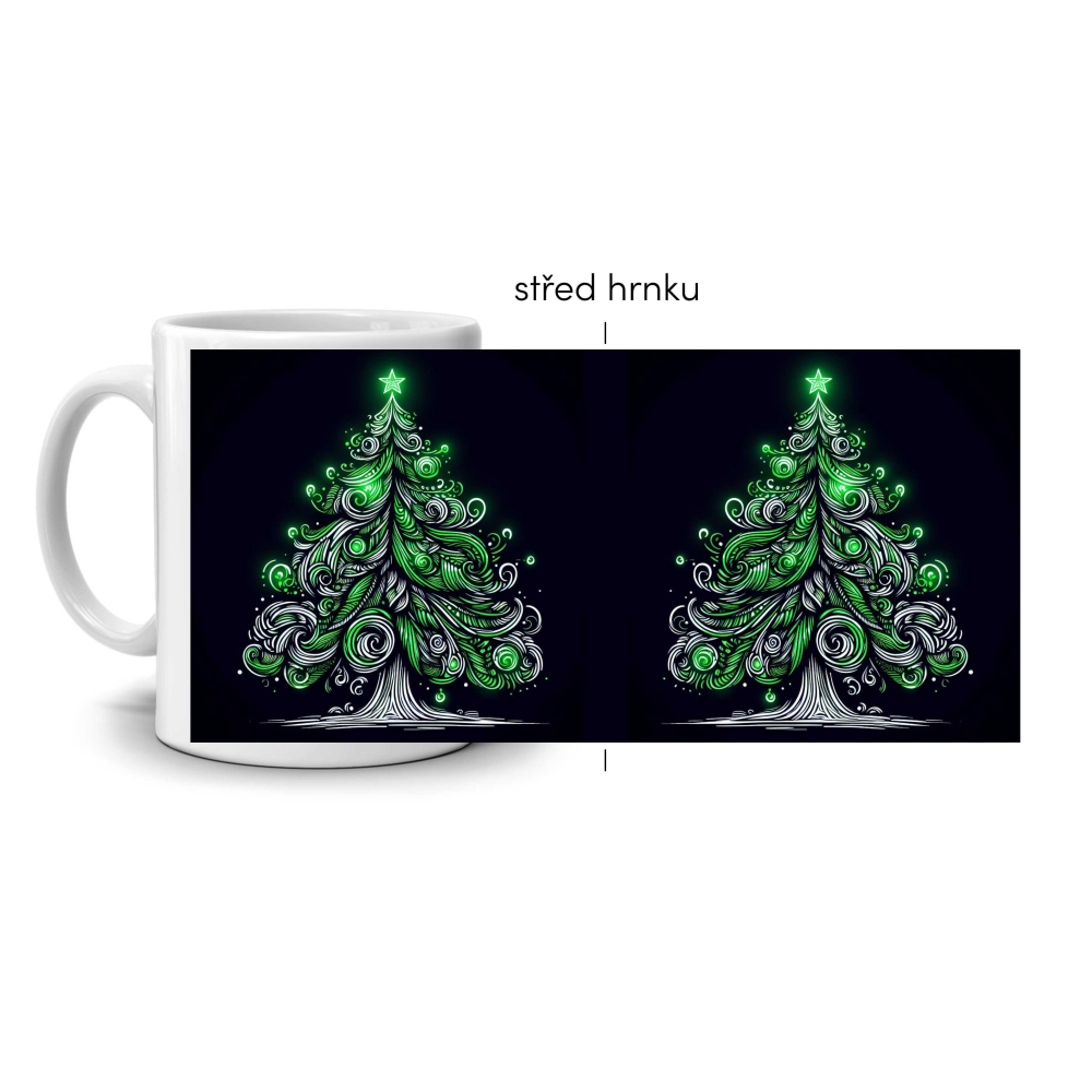 Biely keramický hrnček 330ml s obrázkom - tmavozelený svietiaci stromček