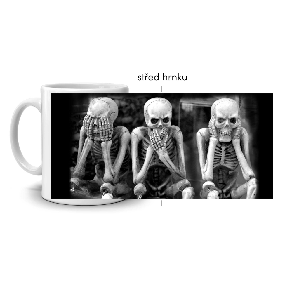 Biely keramický hrnček 330ml s obrázkom - trojica kostlivcov