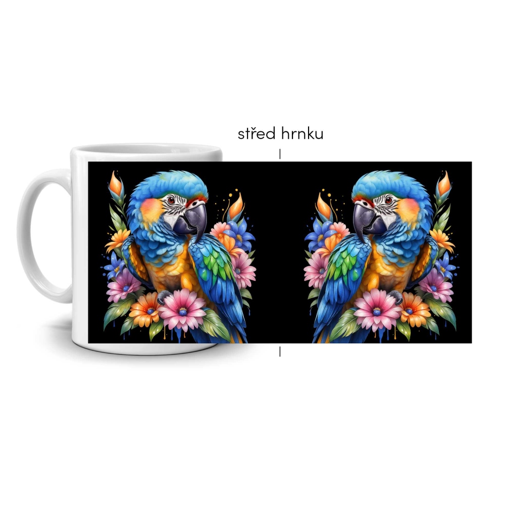 Biely keramický hrnček 330ml s obrázkom - tropický ara ararauna (tmavý motív)