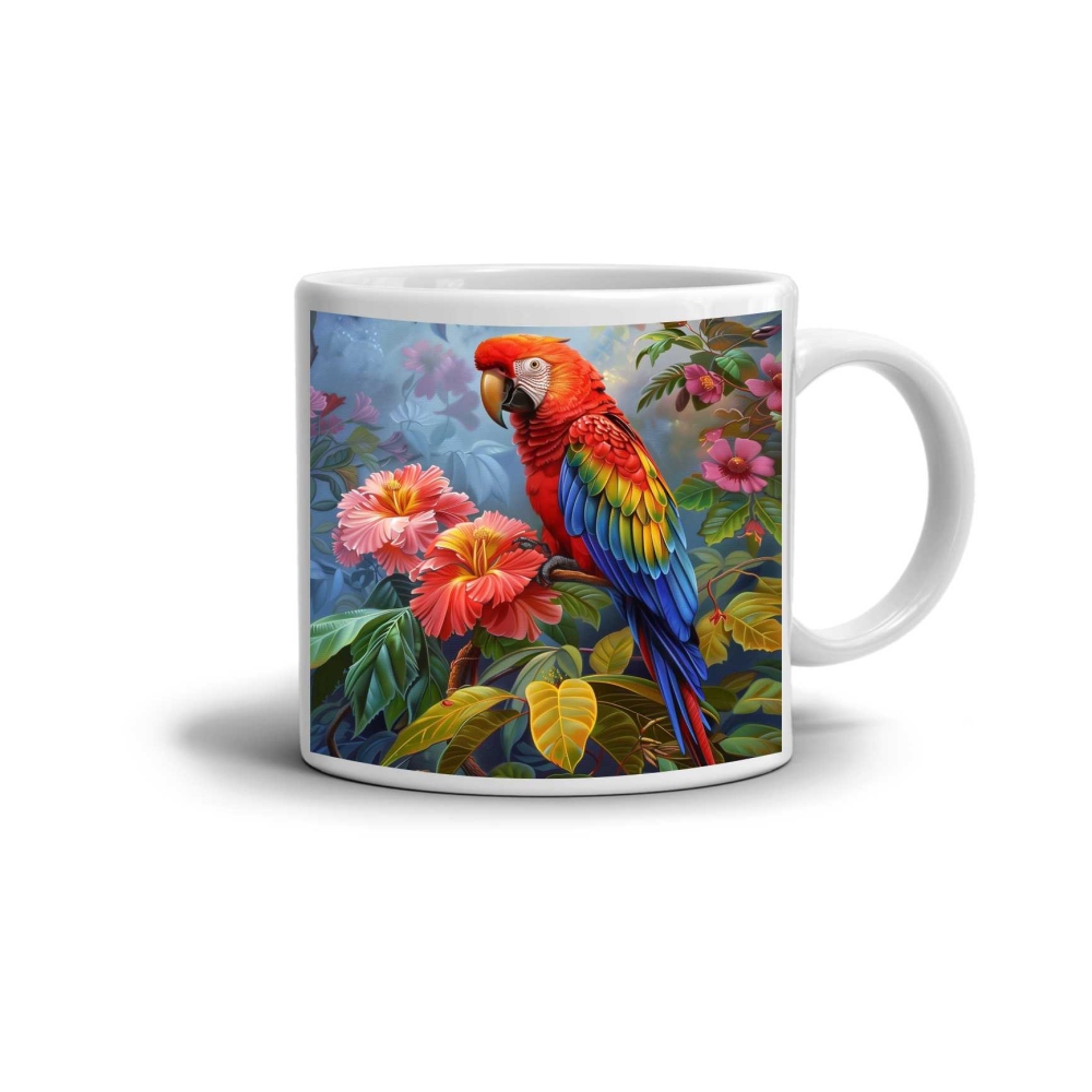 Biely keramický hrnček 330ml s obrázkom - tropický ara