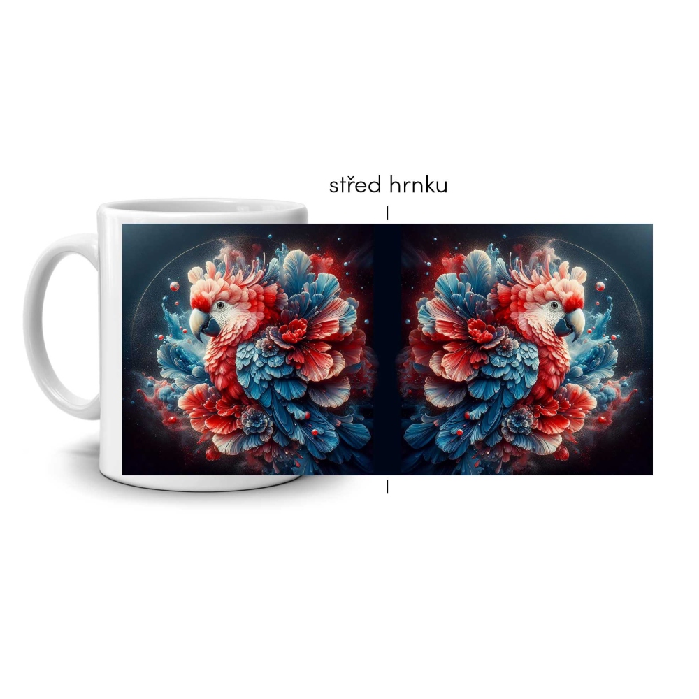 Biely keramický hrnček 330ml s obrázkom - umelecký papagáj ara