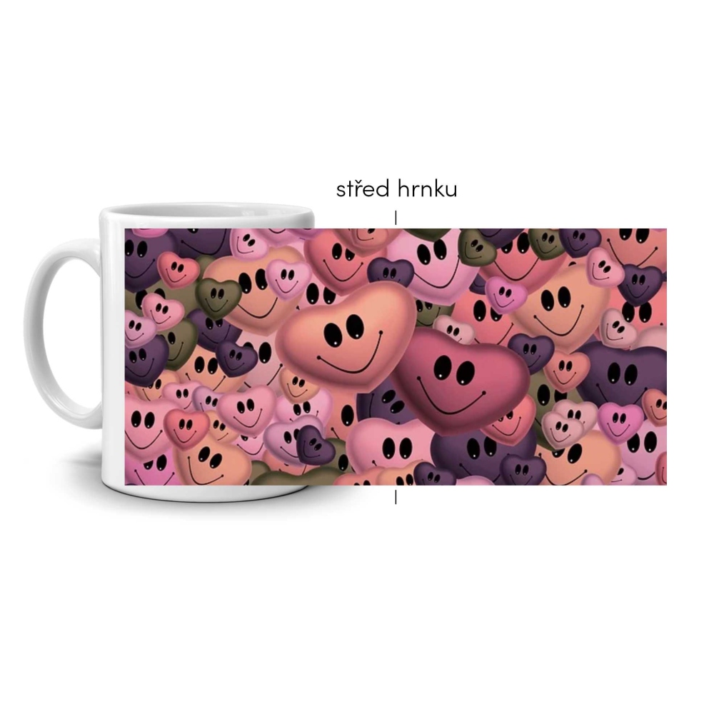 Biely keramický hrnček 330ml s obrázkom - usmievavé srdiečka